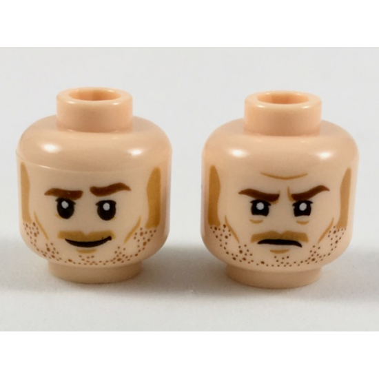 Minifigure, Head Dual Sided Reddish Brown Eyebrows and Stubble, Medium Nougat Sideburns, Moustache, Cheek Lines, and Chin Dimple, Grin / Determined Pattern