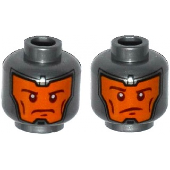 Minifigure, Head Dual Sided Balaclava, Orange Face, Dark Red Eyebrows and Cheek Lines, Determined / Raised Eyebrow Pattern