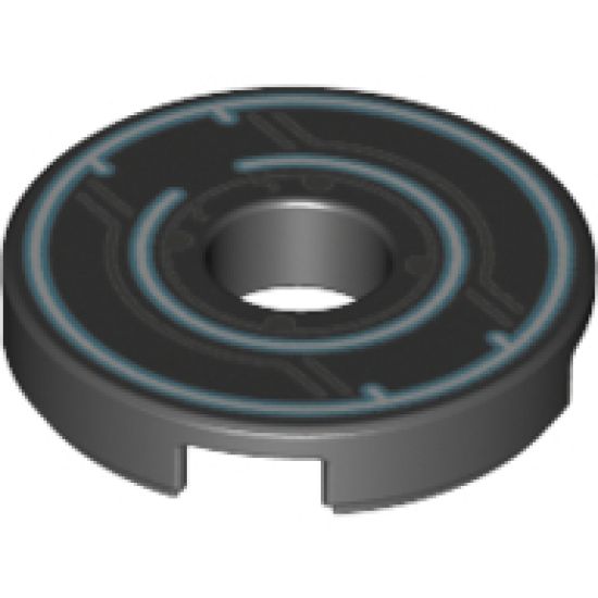Tile, Round 2 x 2 with Hole with White/Blue Circles and Dark Bluish Gray Circuits Pattern