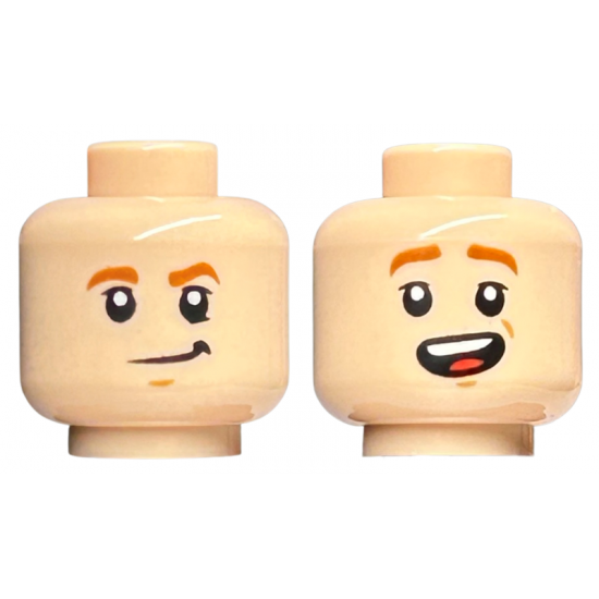 Minifigure, Head Dual Sided Child Dark Orange Eyebrows, Lopsided Grin / Open Mouth Smile with Top Teeth and Tongue Pattern