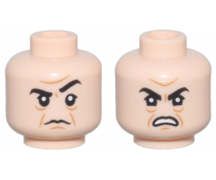 Minifigure, Head Dual Sided Black Eyebrows, Upper Eyelids, Medium Nougat Jowl Lines, Chin Dimple and Wrinkles, Furrowed Brow, Stern with Raised Eyebrow Left / Angry Open Mouth Scowl with Teeth Pattern