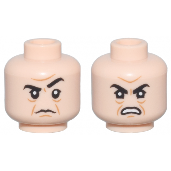 Minifigure, Head Dual Sided Black Eyebrows, Upper Eyelids, Medium Nougat Jowl Lines, Chin Dimple and Wrinkles, Furrowed Brow, Stern with Raised Eyebrow Left / Angry Open Mouth Scowl with Teeth Pattern