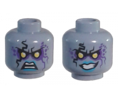 Minifigure, Head Dual Sided Alien with Yellow Eyes, Dark Purple Rock Effect, Blue Lips, Teeth, Open Mouth Angry / Evil Grin Pattern