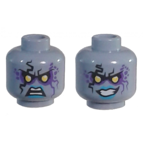 Minifigure, Head Dual Sided Alien with Yellow Eyes, Dark Purple Rock Effect, Blue Lips, Teeth, Open Mouth Angry / Evil Grin Pattern