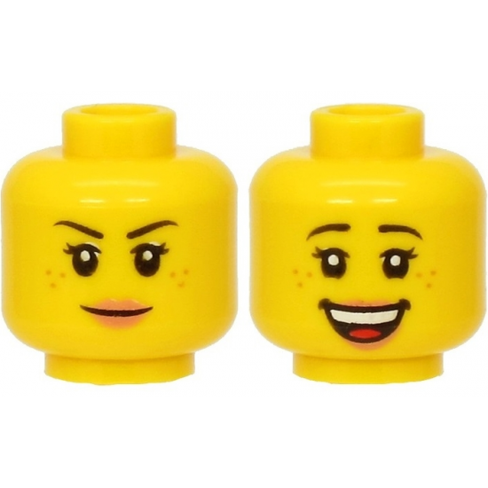 Minifigure, Head Dual Sided Female Black Eyebrows, Freckles, Eyelashes, Nougat Lips, Smile / Open Mouth Smile with Top Teeth and Tongue Pattern