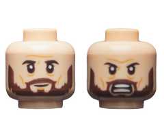 Minifigure, Head Dual Sided Black Eyebrows, Dark Brown Beard, Neutral / Fierce Pattern