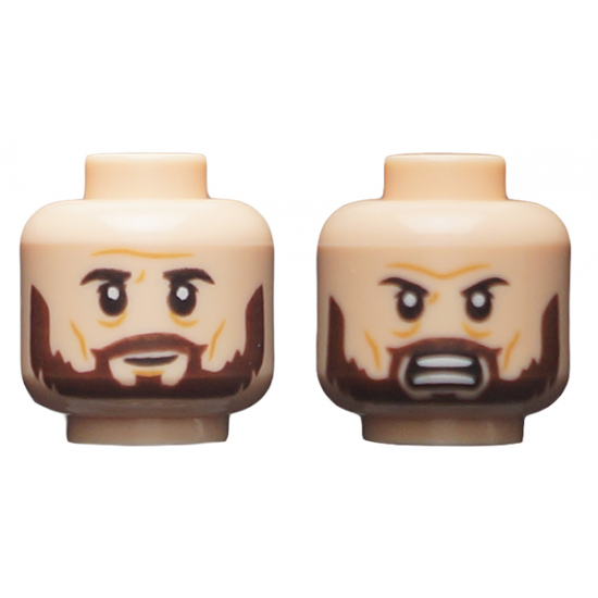 Minifigure, Head Dual Sided Black Eyebrows, Dark Brown Beard, Neutral / Fierce Pattern