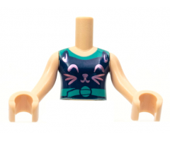 Torso Mini Doll Girl Dark Blue Cat Tank Top, Metallic Pink Cat Face, Dark Turquoise Collar and Belt Pattern, Nougat Arms with Hands