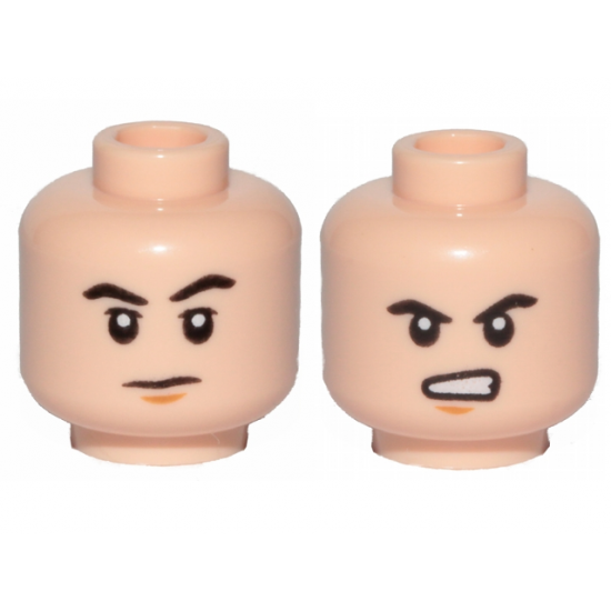 Minifigure, Head Dual Sided Black Eyebrows, Medium Nougat Chin Dimple, Neutral / Angry with Bared Teeth Pattern