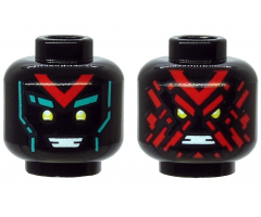 Minifigure, Head Dual Sided Alien, Yellow Eyes, Red 'V', Dark Turquoise Eyebrows, Happy / Angry with Red Splotch Face Pattern