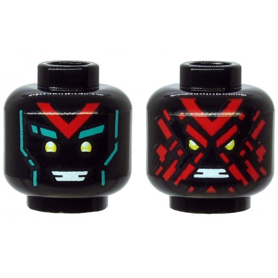Minifigure, Head Dual Sided Alien, Yellow Eyes, Red 'V', Dark Turquoise Eyebrows, Happy / Angry with Red Splotch Face Pattern