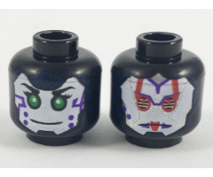 Minifigure, Head Dual Sided Alien Female with White Face, Green Eyes and Purple Marks on Cheek / Red and Silver Armor Pattern