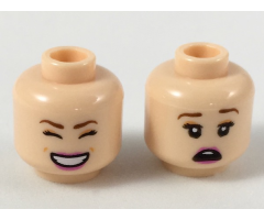 Minifigure, Head Dual Sided Female Reddish Brown Eyebrows, Peach Eye Shadow, Magenta Lips, Smile with Closed Eyes/Scared Pattern