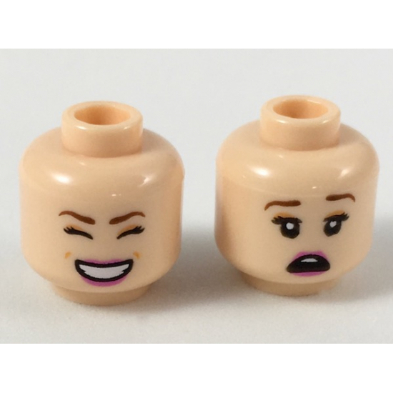 Minifigure, Head Dual Sided Female Reddish Brown Eyebrows, Peach Eye Shadow, Magenta Lips, Smile with Closed Eyes/Scared Pattern