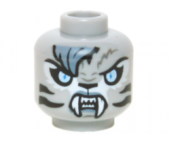 Minifigure, Head Alien Chima Tiger with Bright Light Blue Eyes, Black Nose and Stripes, Sand Blue Bangs and Lips, and White Fangs Pattern