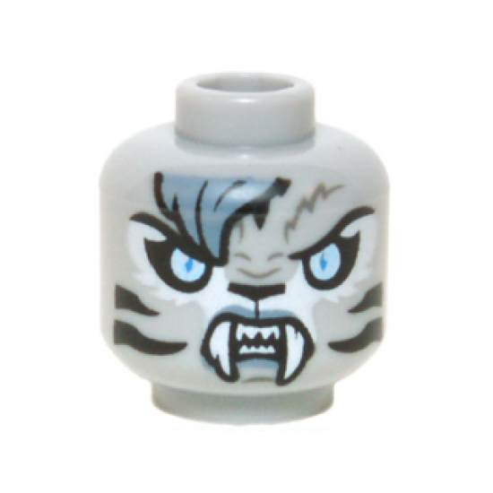 Minifigure, Head Alien Chima Tiger with Bright Light Blue Eyes, Black Nose and Stripes, Sand Blue Bangs and Lips, and White Fangs Pattern
