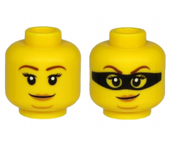Minifigure, Head Dual Sided Female Brown Eyebrows, Peach Lips, Chin Dimple and Closed Mouth Smirk / Black Mask Pattern