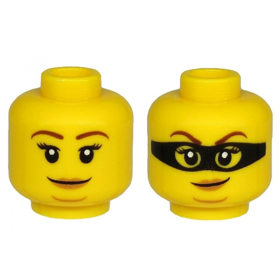 Minifigure, Head Dual Sided Female Brown Eyebrows, Peach Lips, Chin Dimple and Closed Mouth Smirk / Black Mask Pattern