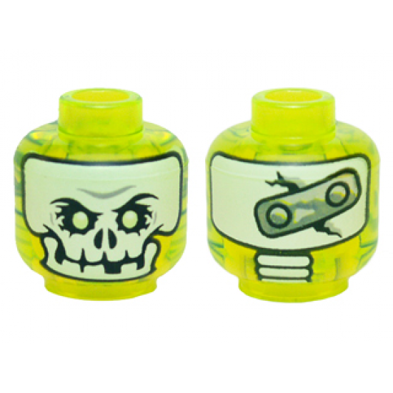Minifigure, Head Alien Ghost with White Skull Face, Yellowish Green Eyes, and Metal Plate on Back Pattern