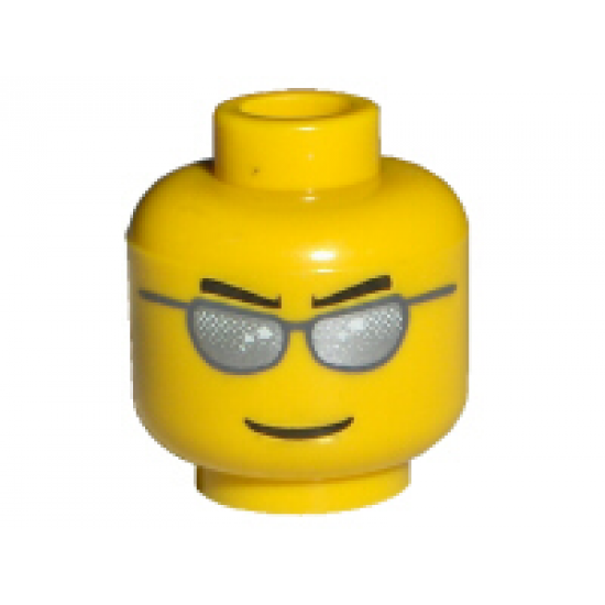 Minifigure, Head Glasses with Black Straight Eyebrows, Dark Bluish Gray Sunglasses with Silver Lenses, Grin Pattern