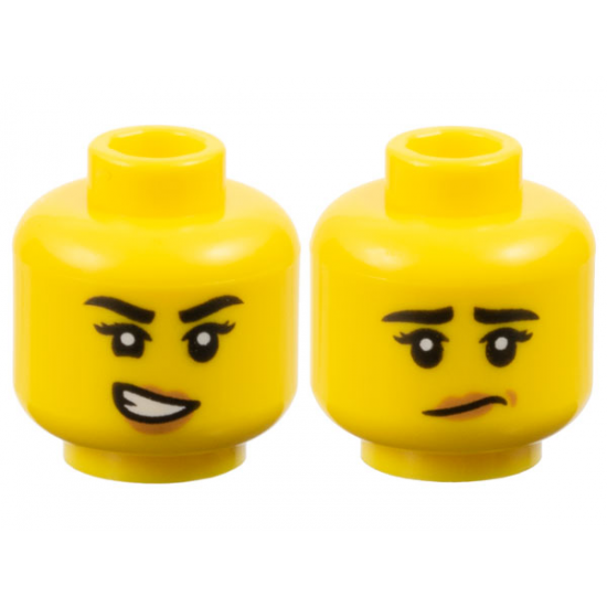 Minifigure, Head Dual Sided Female Black Eyebrows, Eyelashes, Medium Nougat Lips, Lopsided Open Mouth Smile with Teeth / Worried Pattern