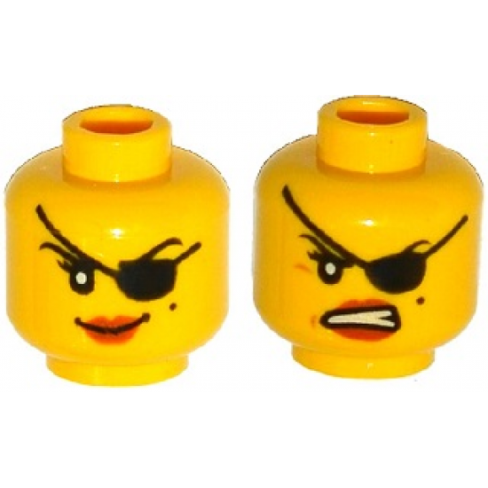 Minifigure, Head Dual Sided Female with Eye Patch, Smile / Angry Mouth with Teeth Pattern