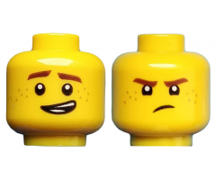 Minifigure, Head Dual Sided Reddish Brown Eyebrows and Freckles, Lopsided Grin / Frown Pattern (Jay)