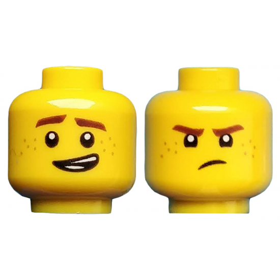 Minifigure, Head Dual Sided Reddish Brown Eyebrows and Freckles, Lopsided Grin / Frown Pattern (Jay)