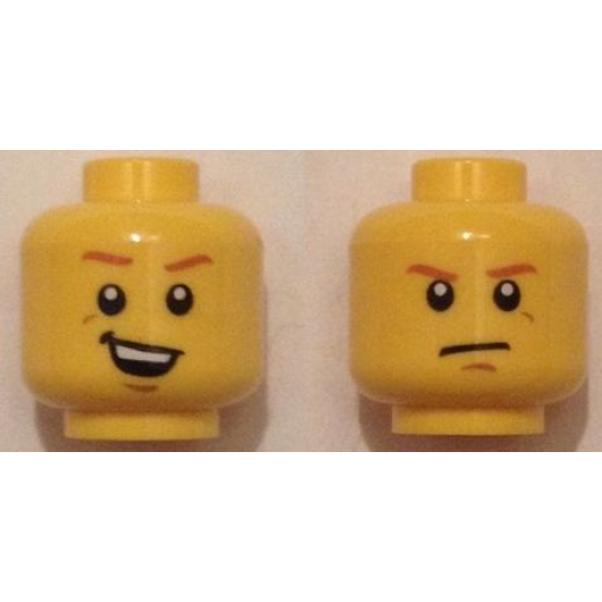 Minifigure, Head Dual Sided Dark Orange Eyebrows, Crooked Smile with Teeth / Determined, Closed Mouth Pattern
