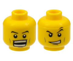 Minifigure, Head Dual Sided Power Miner Thin Eyebrows, Cheek Lines, Determined / Open Mouth Grin with Teeth Pattern