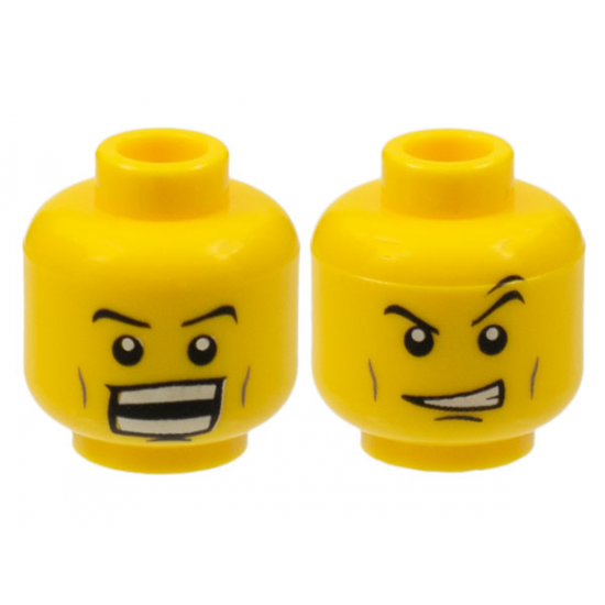 Minifigure, Head Dual Sided Power Miner Thin Eyebrows, Cheek Lines, Determined / Open Mouth Grin with Teeth Pattern