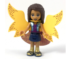 Friends Andrea, Metallic Light Blue Vest over Magenta Top, Dark Blue Skirt, Garish Butterfly Cape and Magenta Skirt, Gold Boots with Dark Blue Trim