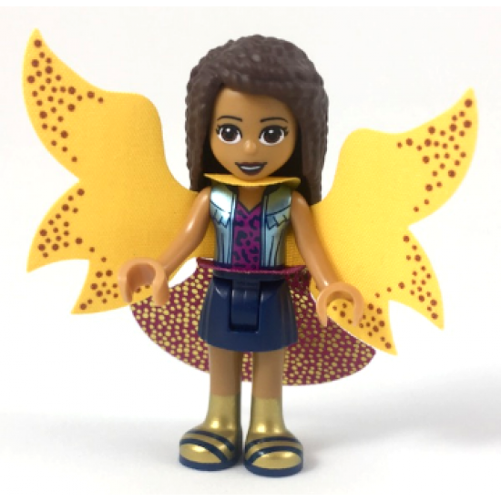 Friends Andrea, Metallic Light Blue Vest over Magenta Top, Dark Blue Skirt, Garish Butterfly Cape and Magenta Skirt, Gold Boots with Dark Blue Trim