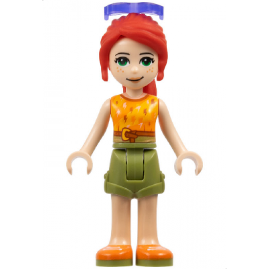 Friends Mia, Olive Green Shorts, Orange and Bright Light Orange Top with Lightning Bolts, Orange Shoes, Sunglasses