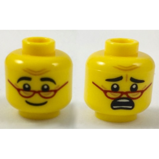 Minifigure, Head Dual Sided Red Glasses, Black Eyebrows, Smile / Scared Pattern