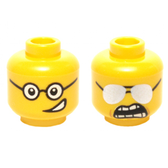 Minifigure, Head Dual Sided Black Glasses, Crooked Smile / Sunglasses, Clenched Teeth Pattern