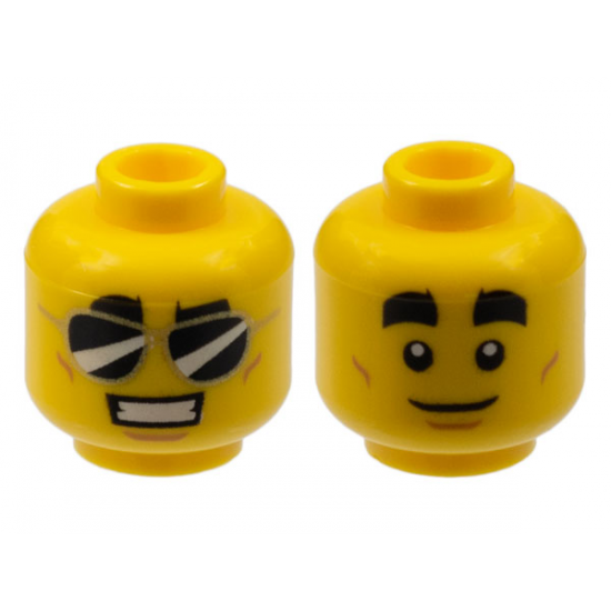 Minifigure, Head Dual Sided Thick Black Eyebrows, Black Sunglasses, Smile with Teeth / White Pupils, Closed Mouth Pattern