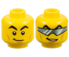 Minifigure, Head Dual Sided Black Arched Eyebrows, Cheek Lines and Chin Dimple, Lopsided Grin / Metallic Light Blue Glasses (Visor) Pattern