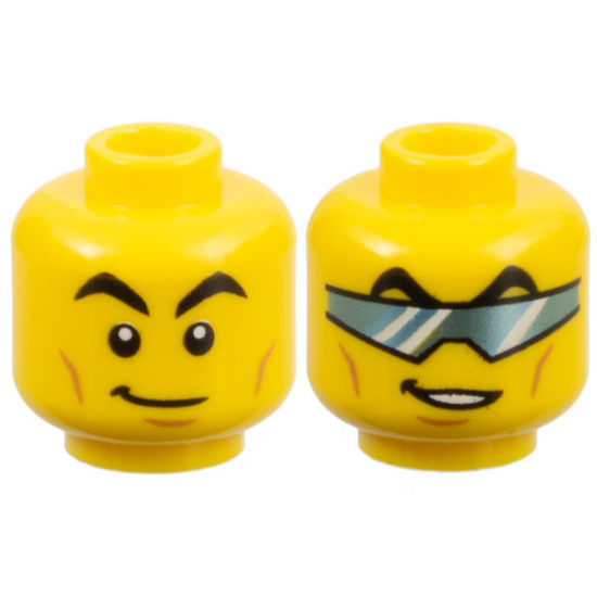 Minifigure, Head Dual Sided Black Arched Eyebrows, Cheek Lines and Chin Dimple, Lopsided Grin / Metallic Light Blue Glasses (Visor) Pattern