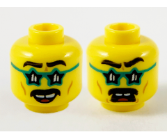 Minifigure, Head Dual Sided Black Eyebrows and Moustache, Dark Turquoise Star Glasses, Gap in Teeth, Smile / Scared Pattern