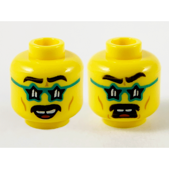 Minifigure, Head Dual Sided Black Eyebrows and Moustache, Dark Turquoise Star Glasses, Gap in Teeth, Smile / Scared Pattern