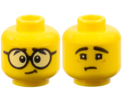 Minifigure, Head Dual Sided Large Black Round Glasses, Black Eyebrows / Sad Face with No Glasses Pattern