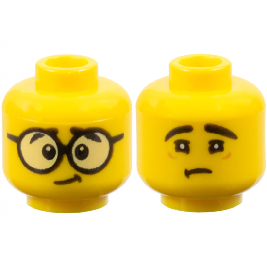 Minifigure, Head Dual Sided Large Black Round Glasses, Black Eyebrows / Sad Face with No Glasses Pattern