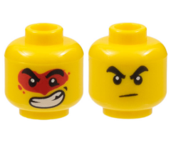 Minifigure, Head Dual Sided Black Thick Eyebrows, Frown / Large Lopsided Open Mouth Grin with Teeth, Red Paint Splotch Around Eyes Pattern