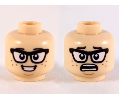 Minifigure, Head Dual Sided Black Eyebrows and Glasses, Reddish Brown Freckles, Smile / Scared Pattern