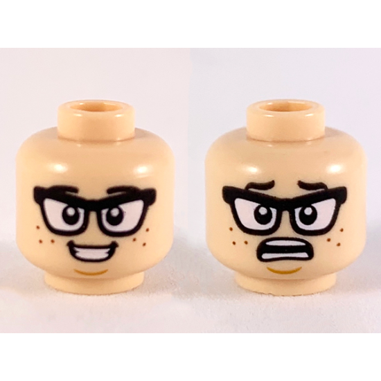 Minifigure, Head Dual Sided Black Eyebrows and Glasses, Reddish Brown Freckles, Smile / Scared Pattern