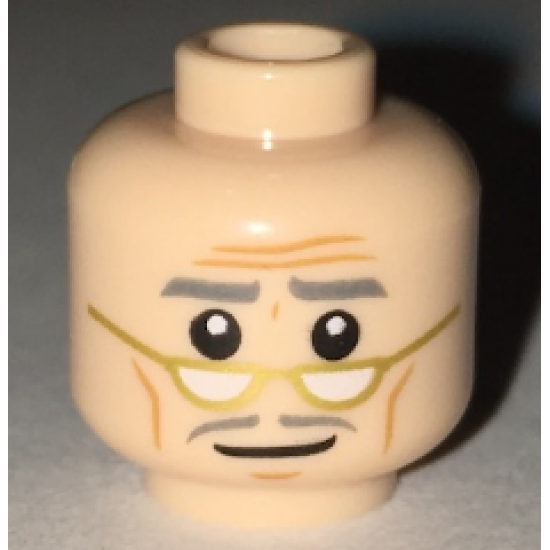 Minifigure, Head Forehead Lines, Dark Bluish Gray Eyebrows and Moustache, Gold Lowered Eyeglasses Pattern
