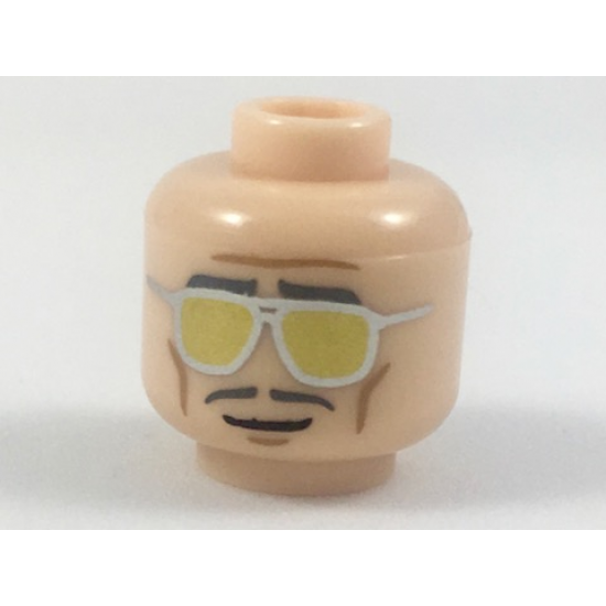 Minifigure, Head Dark Bluish Gray Eyebrows and Moustache, Silver and Gold Sunglasses Pattern