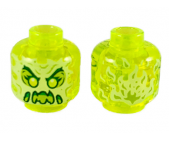 Minifigure, Head Alien Female Ghost with Yellowish Green Face, Dark Green Eyebrows, Double Eyelashes, Lime Eye Shadow, Green Angry Open Mouth with Slime, Sharp Teeth and Tongue, Flames on Back Pattern