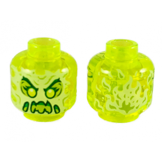 Minifigure, Head Alien Female Ghost with Yellowish Green Face, Dark Green Eyebrows, Double Eyelashes, Lime Eye Shadow, Green Angry Open Mouth with Slime, Sharp Teeth and Tongue, Flames on Back Pattern